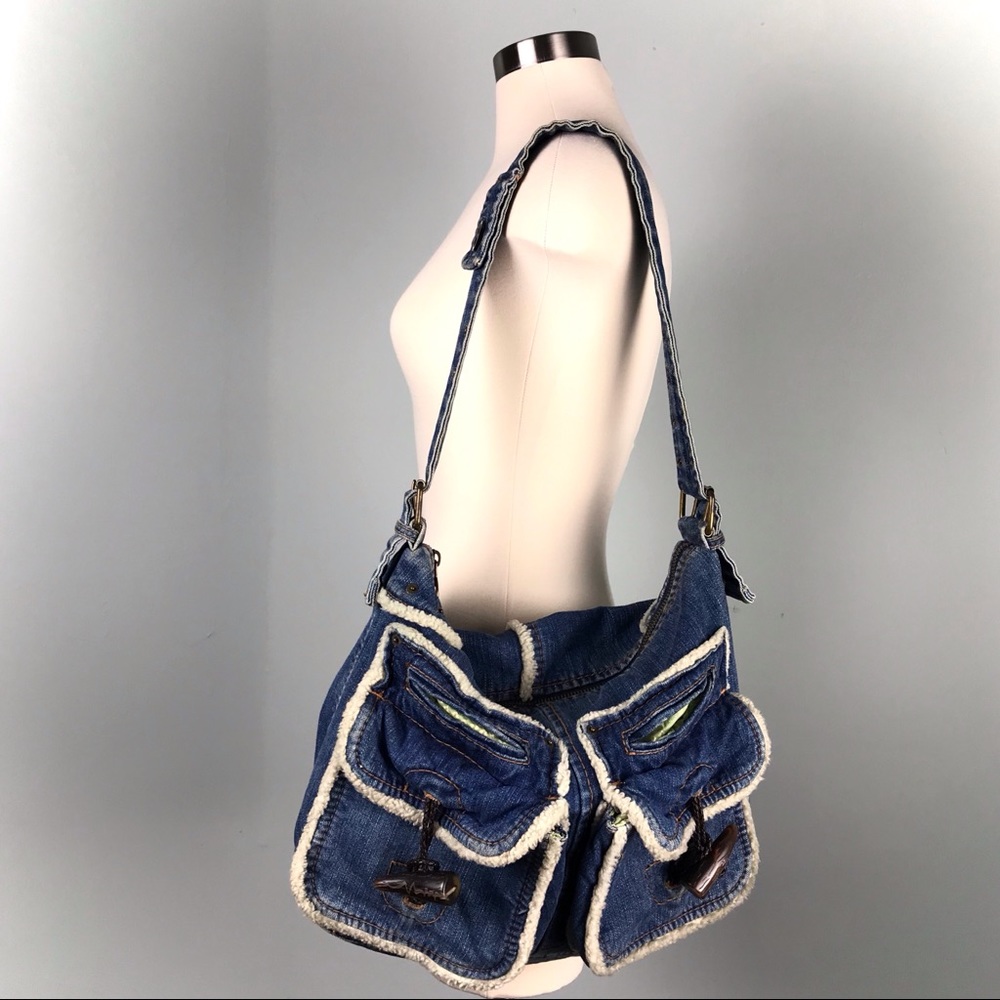 Gap 1969 Blue Denim Shearling Hobo Bag Jean Purse - Picture 1 of 14